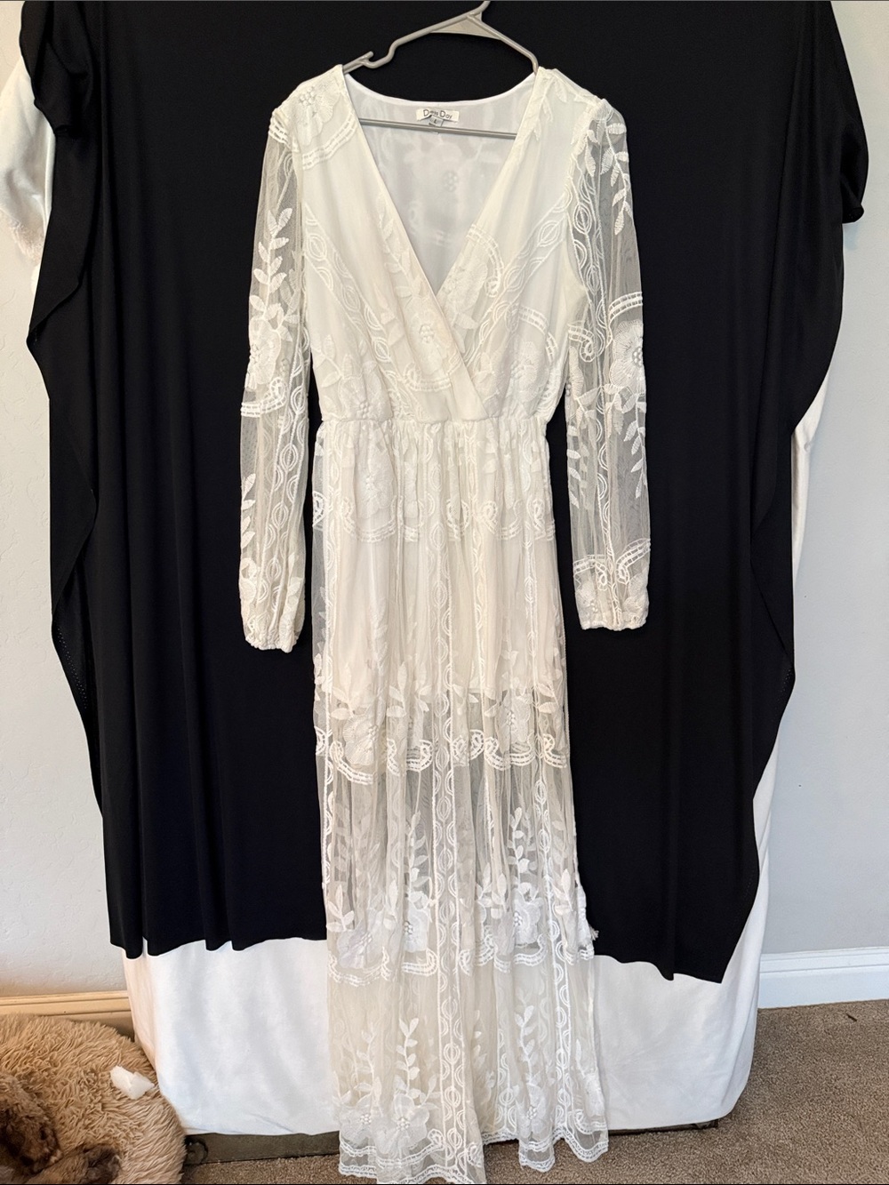 Women's White Lace Maxi Dress - Elegant Long Sleeve Wrap Style